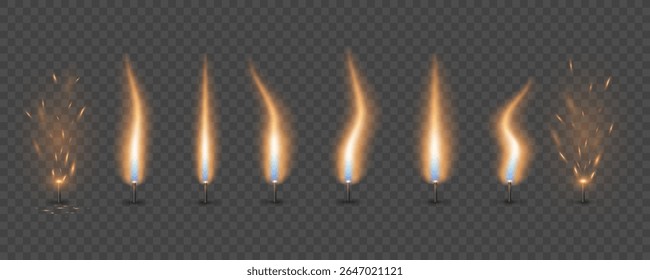 Conjunto de efeitos de fogo realistas e dinâmicos com faíscas no pavio da vela em um fundo transparente. Queima de chamas de velas para visualizar calor, combustão ou eventos festivos. Ilustração vetorial.