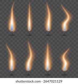 Conjunto de efeitos de fogo realistas e dinâmicos no pavio da vela em um fundo transparente. Queima de chamas de velas para visualizar calor, combustão ou eventos festivos. Ilustração vetorial.