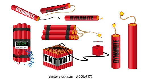 set of realistic dynamite with burning wick or realistic bomb firecrackers or red bomb  fireworks with burning fuse. 