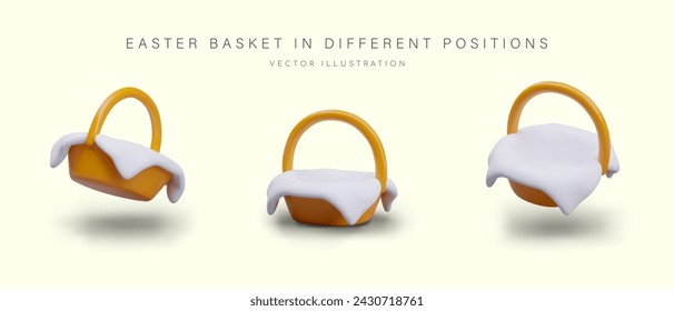 Set of realistic Easter baskets covered with white napkin. Vector 3D object in different positions