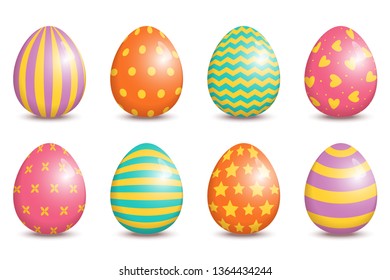 Set of realistic easter decorated eggs isolated on white background.