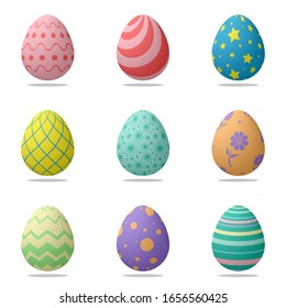 set of realistic Easter eggs with colorful patterns on a white background