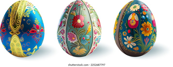 Set of  realistic Easter eggs with floral tracery  on a white background.The main symbols of the spring holiday. Vector Illustration.
