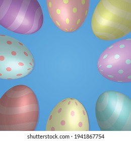 set of realistic easter eggs on light blue background