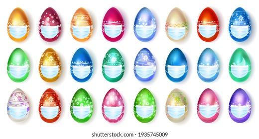 Set of realistic Easter eggs in various colors with holiday symbols in medical masks on white background