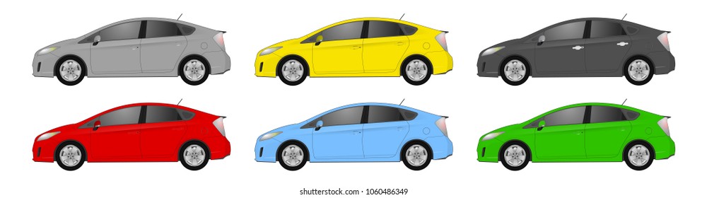 Set of realistic eco car, Realistic model.. vector eco car illustration. Side view. Different body color. Auto service set. Wash. Repair eco car station. Green technology. Economy, ecology.
