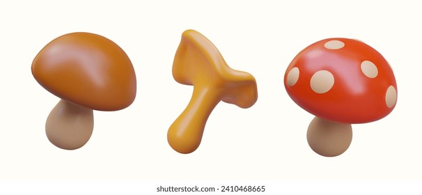 Set of realistic edible and poisonous mushrooms. Penny bun, chanterelle, fly agaric. Isolated vector objects in tilted position. Bright forest harvest. Web templates