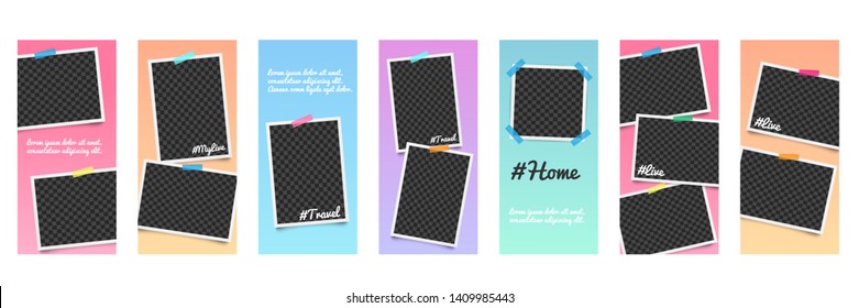 Set of realistic editable templates and photo frames for stories on social networks with hashtags and stickers. Blank and empty templates and photo frames for stories. Isolated vector illustration.