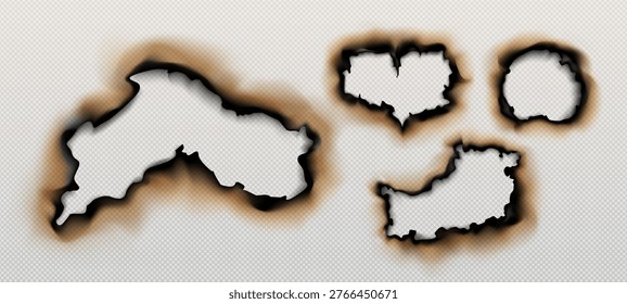 set of realistic effects of burnt and burning paper on a transparent background