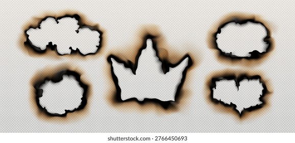 set of realistic effects of burnt and burning paper on a transparent background