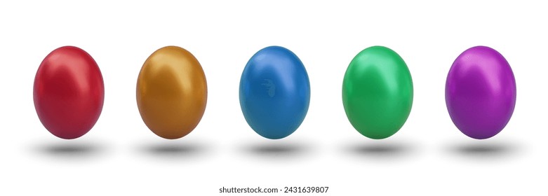 Set of realistic eggs of different colors. Easter decorative elements with metallic shine