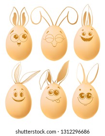 Set of realistic eggs with hand drawn elements. Happy easter. Vector illustration