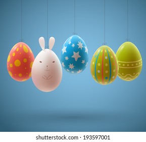 Set of realistic eggs on blue background. Easter collection. Vector illustration.