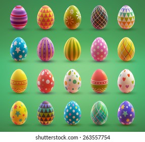 Set of realistic eggs on green background. Easter collection. Vector illustration.