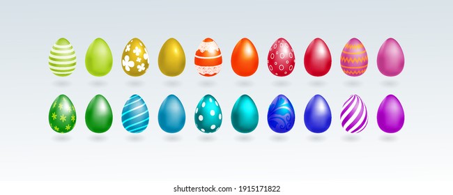 A set of realistic eggs on a white background. Easter collection. Vector illustration with colorful eggs and different ornaments and paintings on them.