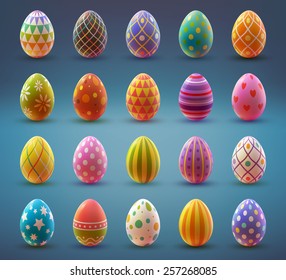 Juego de huevos realistas sobre fondo blanco.Colección de Pascua. Ilustración vectorial.