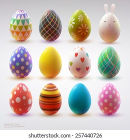 Set of realistic eggs on white background. Easter collection. Vector illustration.