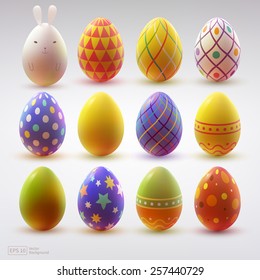 Set of realistic eggs on white background. Easter collection. Vector illustration.