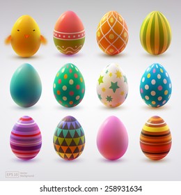 Set of realistic eggs on white background. Easter collection. Vector illustration.