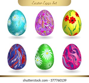 Set of realistic eggs on white background. Easter collection. Vector illustration. Floral hand draw doodle  ornate pattern on colorful eggs.