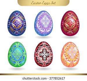 Set of realistic eggs on white background. Easter collection. Vector illustration. Bright ornate pattern on colorful eggs.