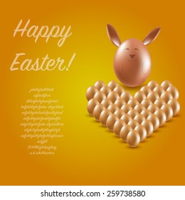 Set of realistic eggs and rabbit on orange background. Easter collection. Vector illustration.