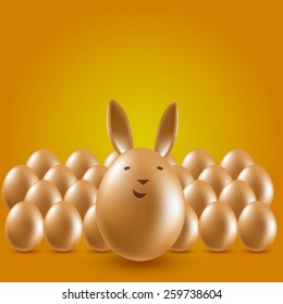 Set of realistic eggs and rabbit on orange background. Easter collection. Vector illustration.