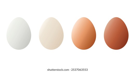 Conjunto de huevos realistas: huevos de pollo blancos, grises, oscuros y marrones claros.  Ilustración vectorial aislada sobre fondo blanco. huevo de pollo. Concepto de cría de aves de corral y venta de alimentos. Huevos biológicos de una granja.