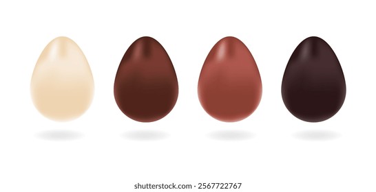 Set of realistic eggs in white, milk and dark chocolate. Isolated vector illustration on white background. Children dessert, Easter template