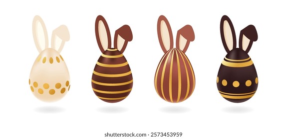 Set of realistic eggs in white, milk and dark chocolate with different golden patterns,bunny ears. Isolated vector illustration on white background. Children dessert, Easter template