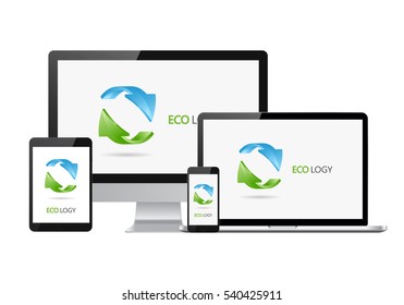 Set of realistic electronic devises with Eco recycling logotype. Set of computer monitor, laptop, smart phone and tablet.