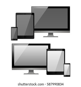 Set of realistic electronic technology devices with empty screen. Laptop, tablet, mobile phone, modern digital gadgets isolated on white background, mockup template. Vector illustration EPS10.