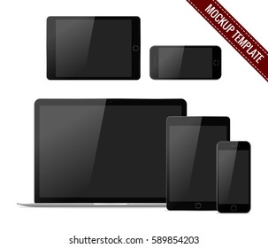 Set of realistic electronic technology devices with black empty screen. Laptop, tablet and smartphone, modern digital gadgets isolated on white background, mockup template. Vector illustration eps10.