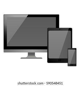 Set of realistic electronic technology devices with empty screen. Laptop, tablet, mobile phone, modern digital gadgets isolated on white background, mockup template. Vector illustration EPS10.