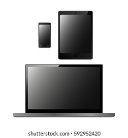 Set of realistic electronic technology devices with empty screen. Laptop, tablet, mobile phone, modern digital gadgets isolated on white background, mockup template. Vector illustration EPS10.