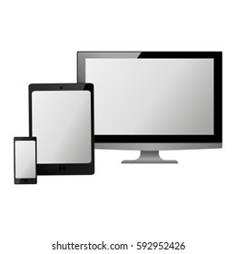 Set of realistic electronic technology devices with empty screen. Laptop, tablet, mobile phone, modern digital gadgets isolated on white background, mockup template. Vector illustration EPS10.