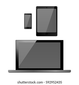 Set of realistic electronic technology devices with empty screen. Laptop, tablet, mobile phone, modern digital gadgets isolated on white background, mockup template. Vector illustration EPS10.