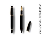 Set of realistic elegant black and gold fountain pen in closed and open positions isolated on white, premium stationery, classic retro writing tools. Vector 3d style mockup