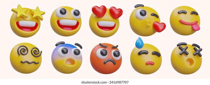 Conjunto de emoticonos realistas, vista angular. Cabezas vectoras con emociones mirando en cierta dirección. Plantillas de publicidad, demostración de reacción al producto, texto, acción