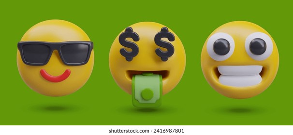 Set von realistischen Emoticons auf grünem Hintergrund. Gesicht in Sonnenbrillen, Dollar statt Augen, Mund voll von Geld, fröhliches Lächeln. Konzept der Coolness, des vollen Lebens, guter Laune