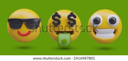 Set of realistic emoticons on green background. Face in sunglasses, dollars instead of eyes, mouth full of money, joyful smile. Concept of coolness, full life, good mood