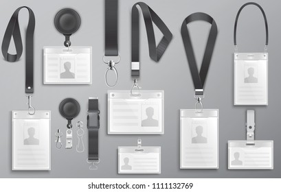 Set of realistic employee identification card on black lanyards with strap clips, cord and clasps vector illustration