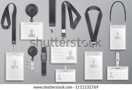 Set of realistic employee identification card on black lanyards with strap clips, cord and clasps vector illustration