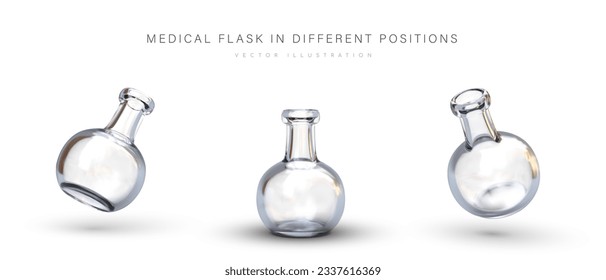 Conjunto de frascos vacíos realistas. Vidrio de laboratorio con fondo redondo. Objetos transparentes con reflexiones y sombras. Asunto en diferentes posiciones. Elementos del vector