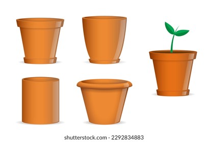 Set realistic empty flower pot or terra cotta flower pot with young plant - 3d illustrator
