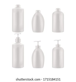 Set of realistic empty package for luxury cosmetic product. Collection of blank template of plastic containers. Bottle for liquid, skin care cream. Vector mockup isolated on white background