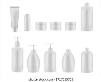 Set of realistic empty package for luxury cosmetic product. Collection of blank template of plastic containers. Bottle for liquid, skin care cream. Vector mockup isolated on white background