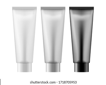 Set of realistic empty package for luxury cosmetic product. Collection of blank template of plastic containers. Bottle for liquid, skin care cream. Vector mockup isolated on white background