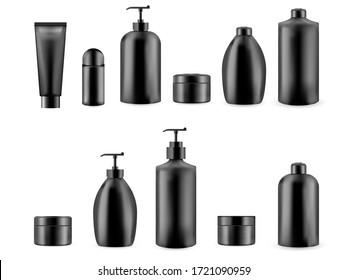 Set of realistic empty package for luxury cosmetic product. Collection of blank template of plastic containers. Bottle for liquid, skin care cream. Vector mockup isolated on white background
