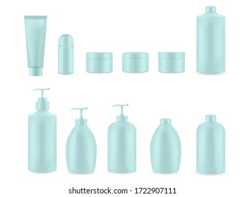 Set of realistic empty package for luxury cosmetic product. Collection of blank template of plastic containers. Bottle for liquid, skin care cream. Vector mockup isolated on white background